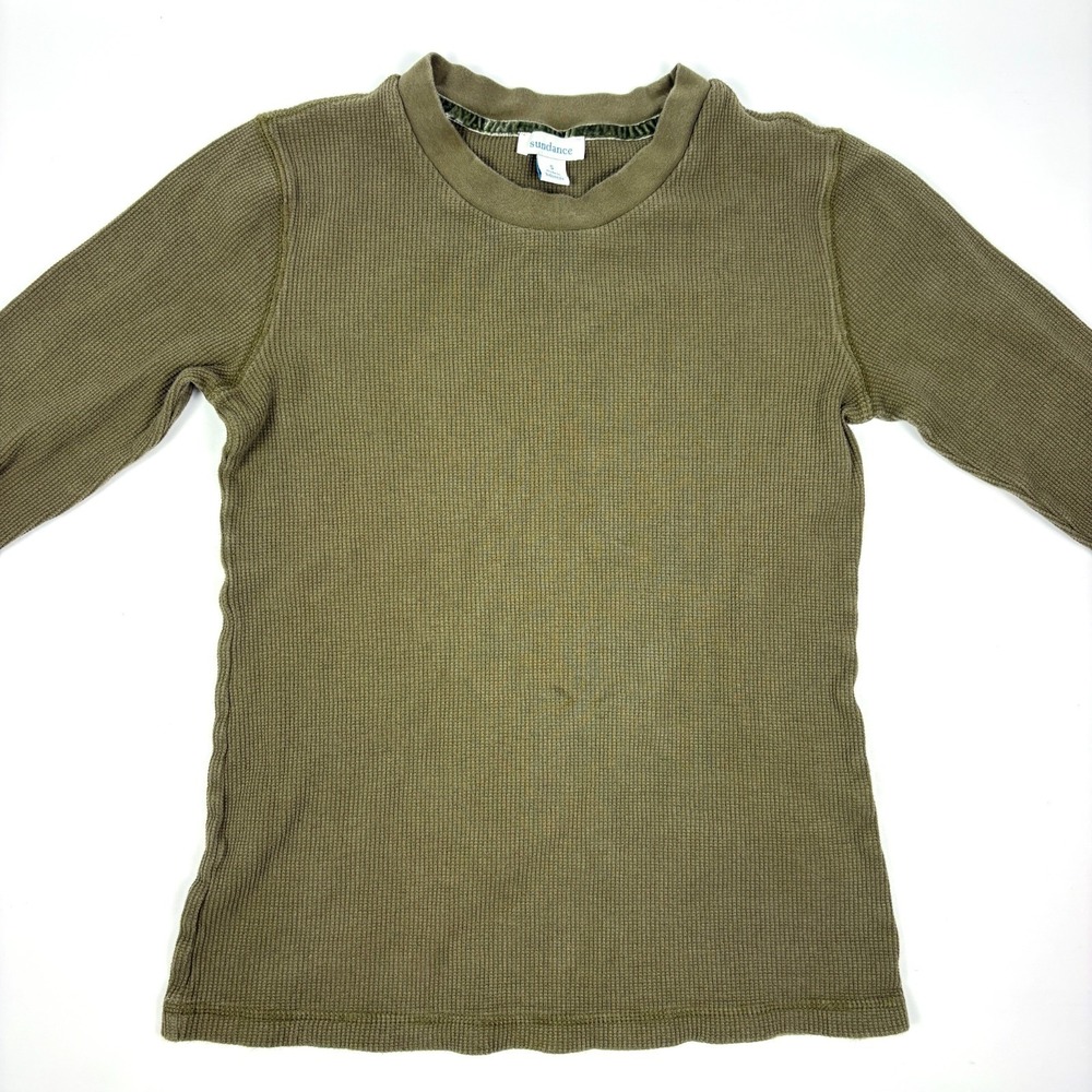 Sundance Crewneck Thermal Shirt womens Sz S Olive Green Waffle Knit Wide Cuff